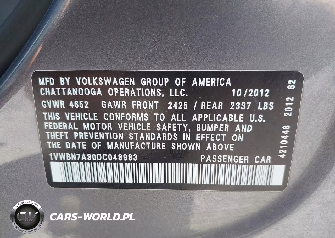 2013 Volkswagen Passat 2.0L Tdi Se VIN:1VWBN7A30DC048983 - 9