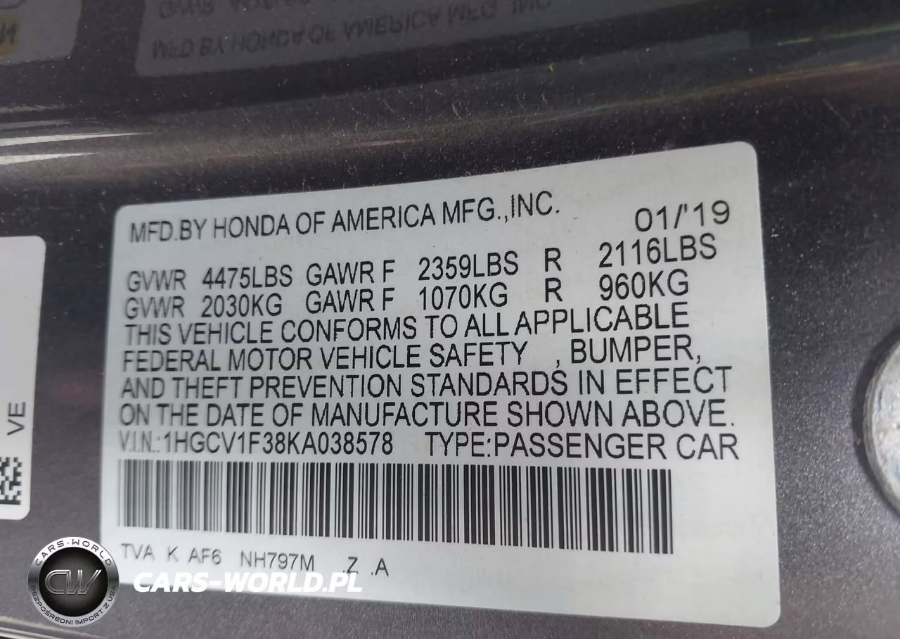 2019 Honda Accord Sport VIN:1HGCV1F38KA038578 - 9