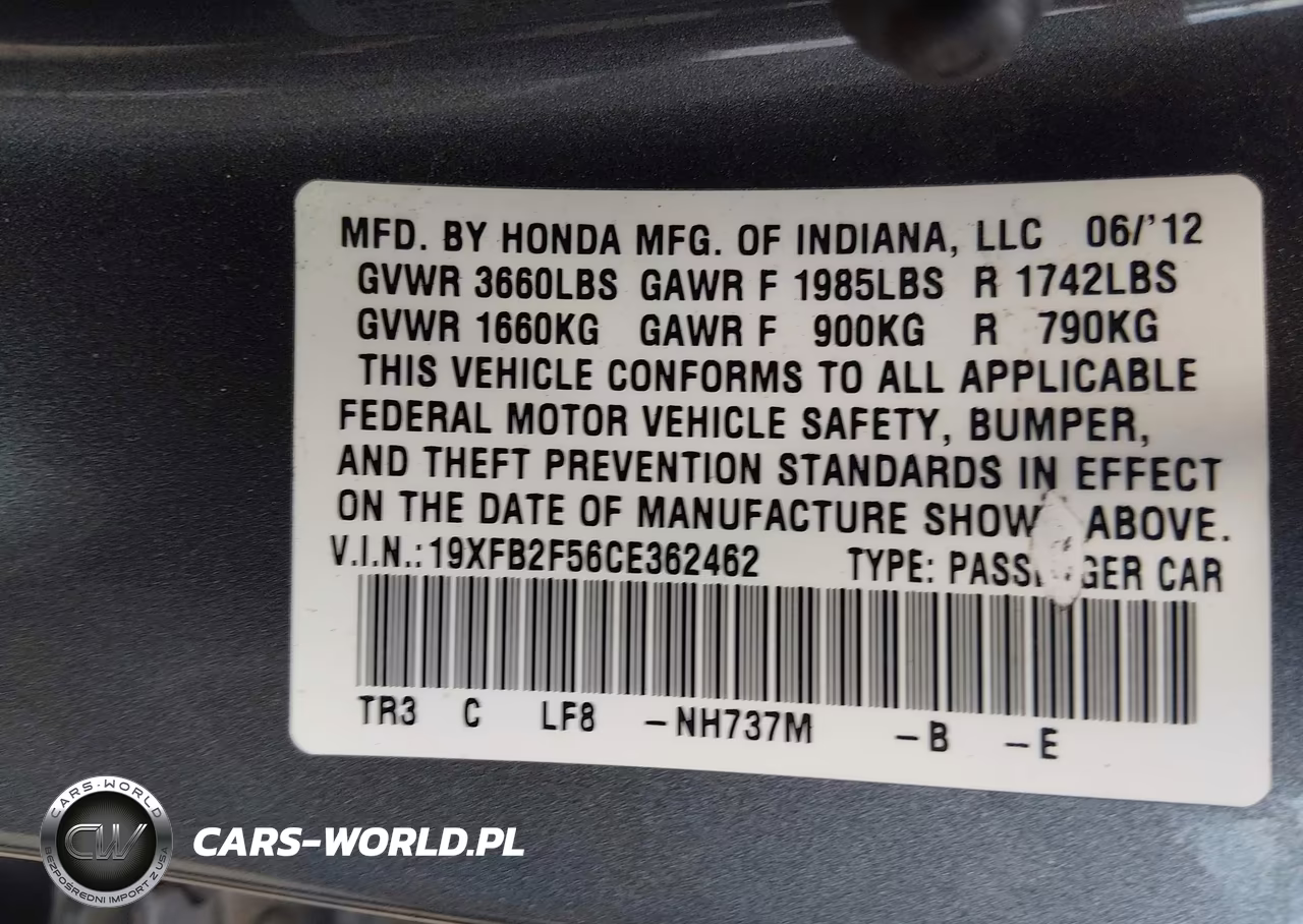 2012 Honda Civic Lx VIN:19XFB2F56CE362462 - 9