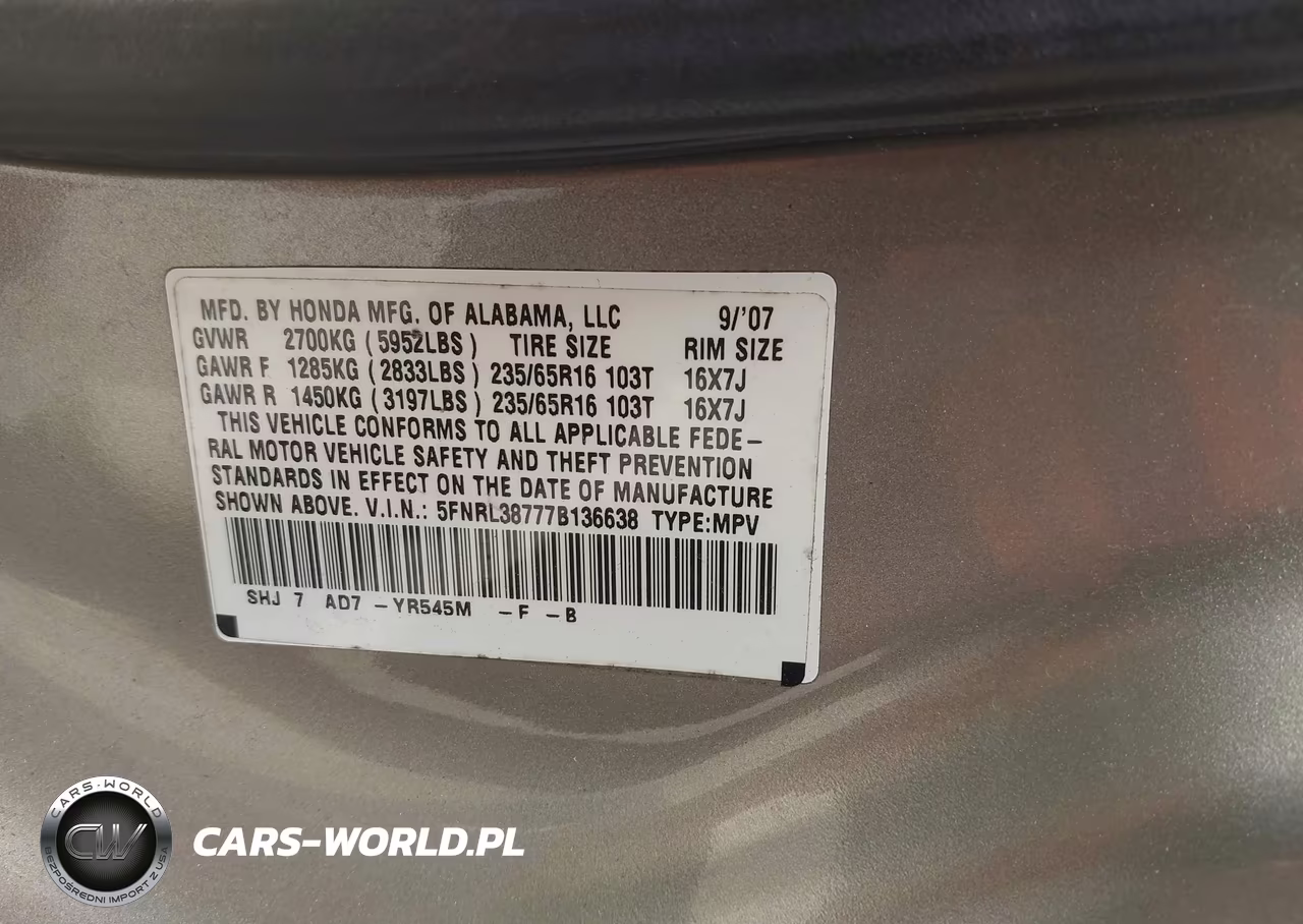 2007 Honda Odyssey Ex-L VIN:5FNRL38777B136638 - 9