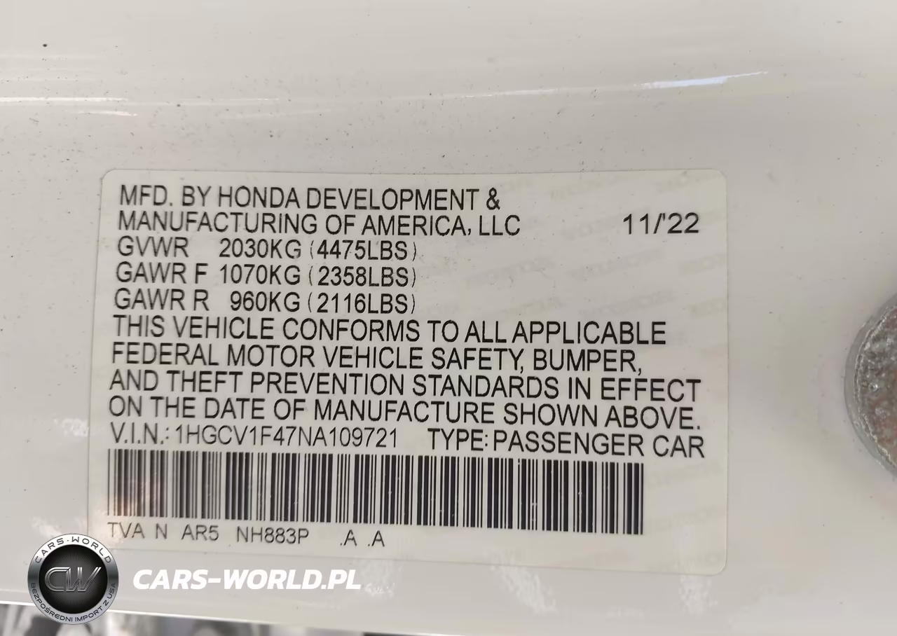 2022 Honda Accord Sport Special Edition VIN:1HGCV1F47NA109721 - 9