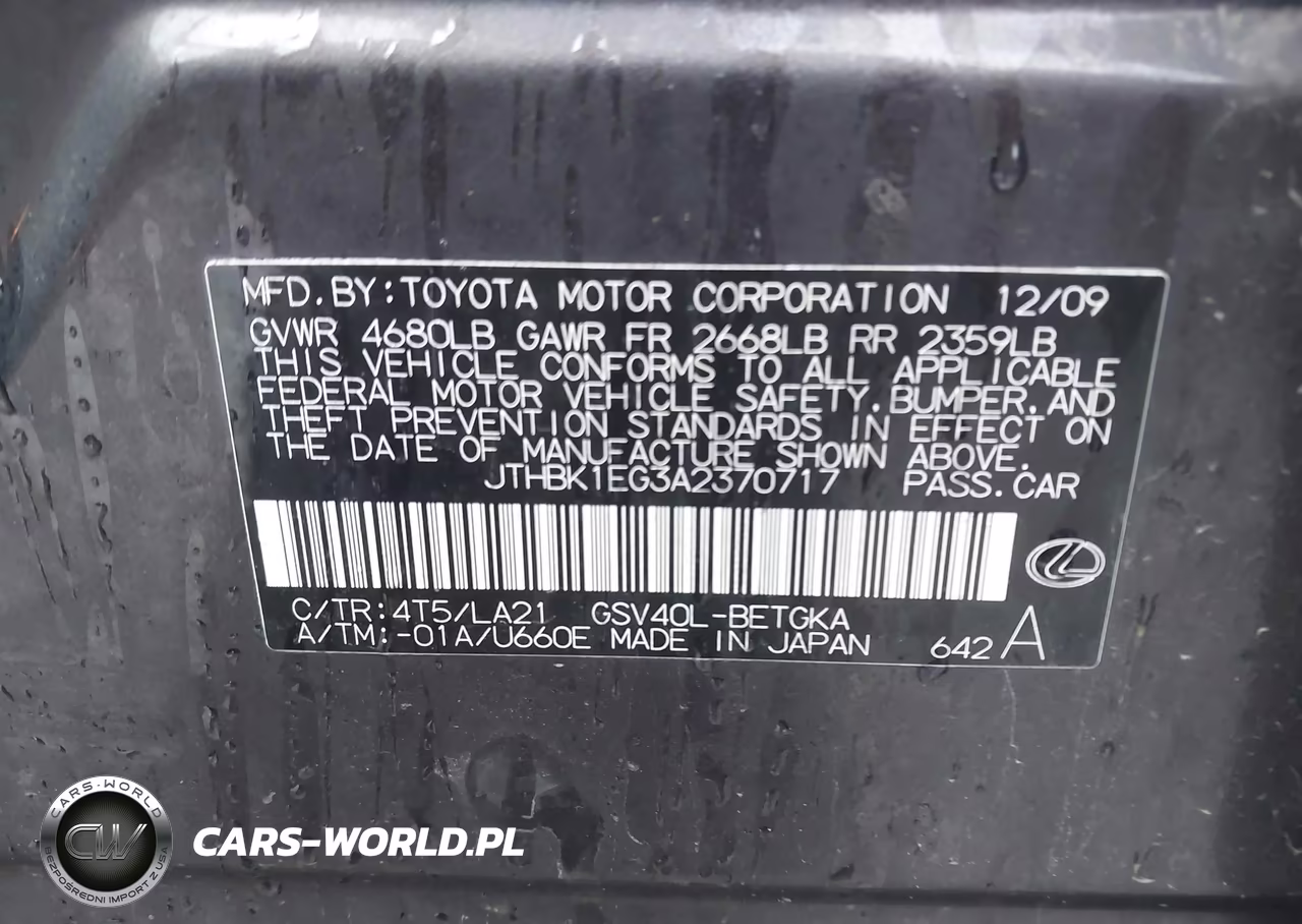2010 Lexus Es 350 VIN:JTHBK1EG3A2370717 - 9