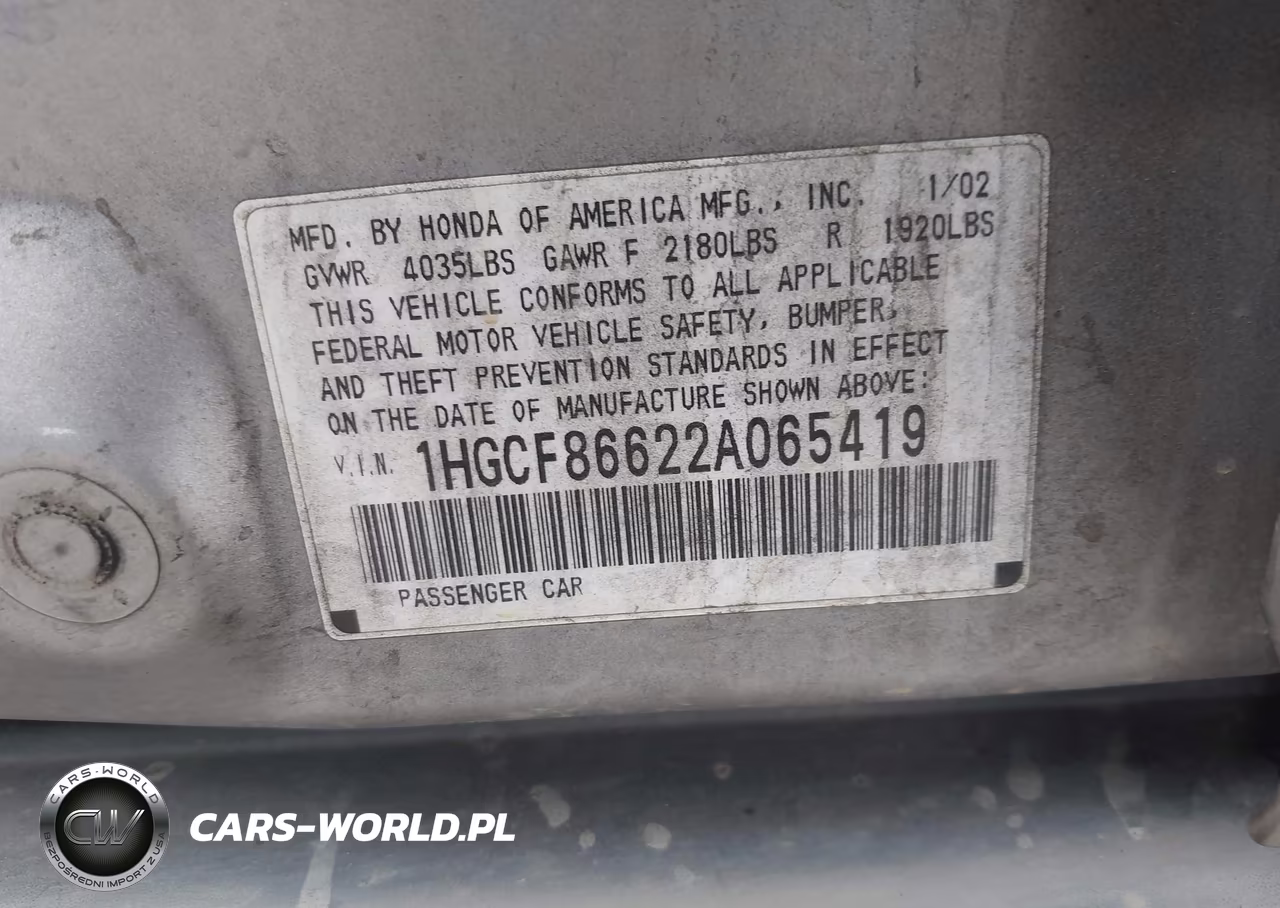 2002 Honda Accord 2.3 Vp VIN:1HGCF86622A065419 - 9