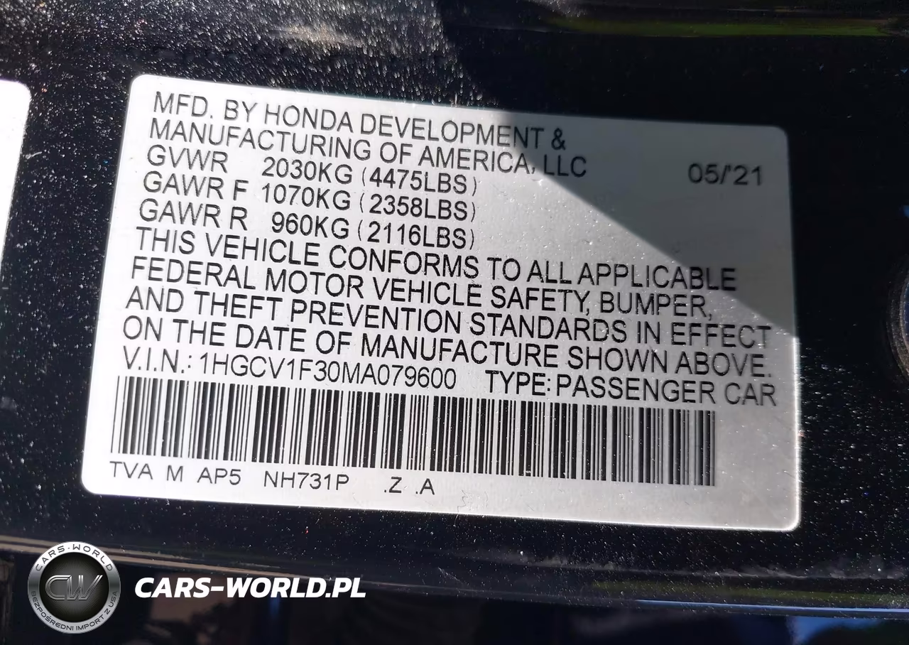 2021 Honda Accord Sport VIN:1HGCV1F30MA079600 - 9