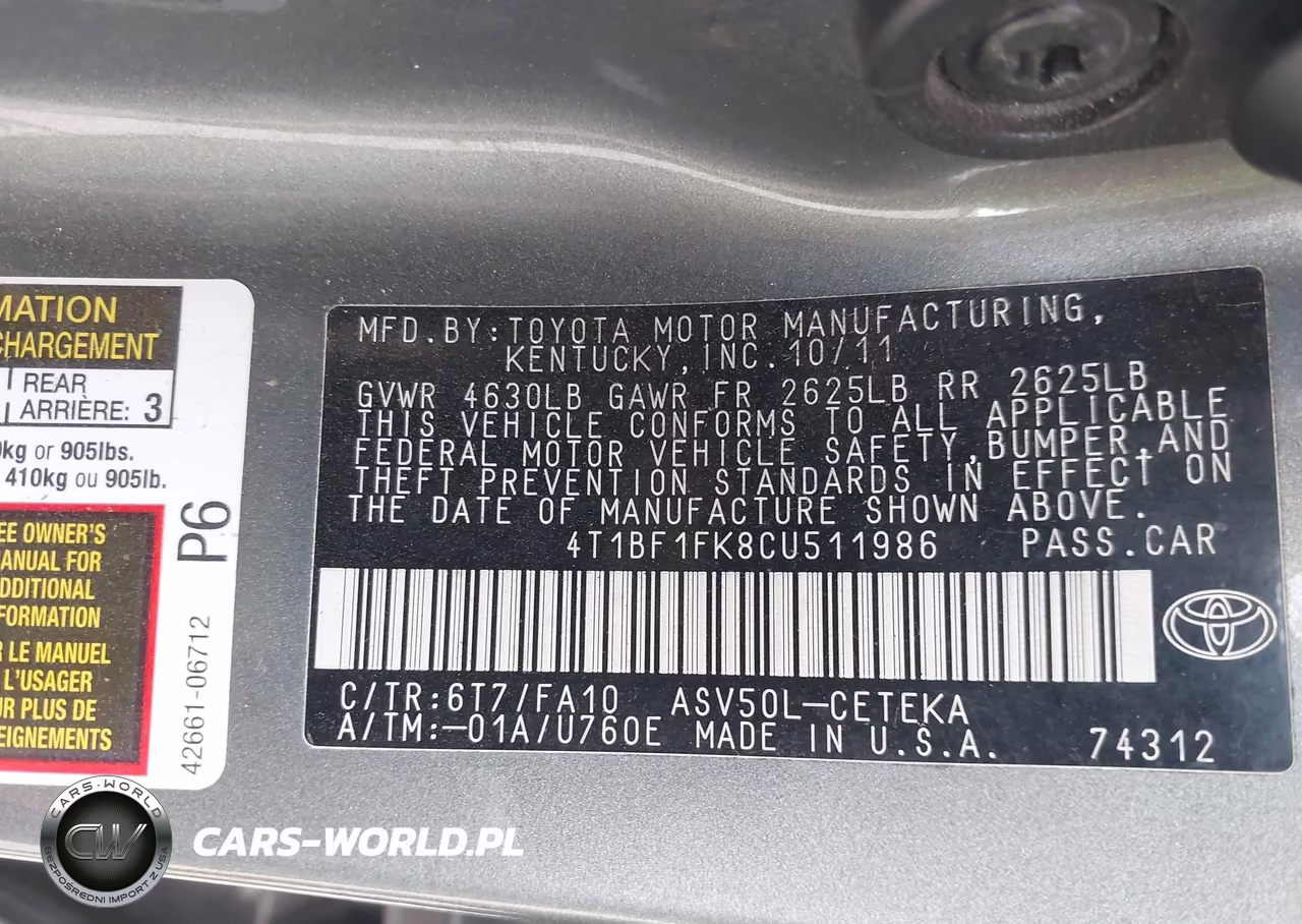 2012 Toyota Camry L VIN:4T1BF1FK8CU511986 - 9