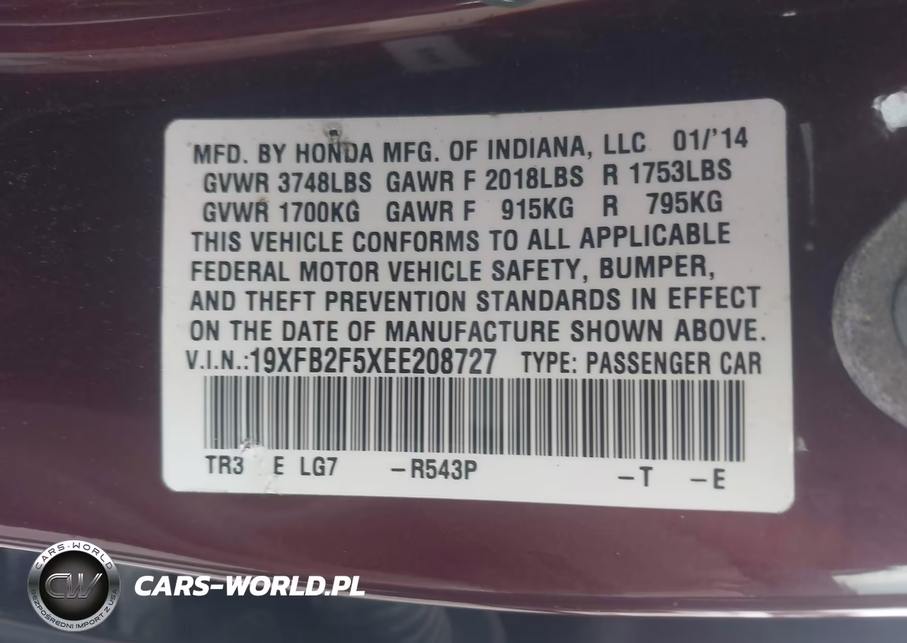 2014 Honda Civic Lx VIN:19XFB2F5XEE208727 - 9