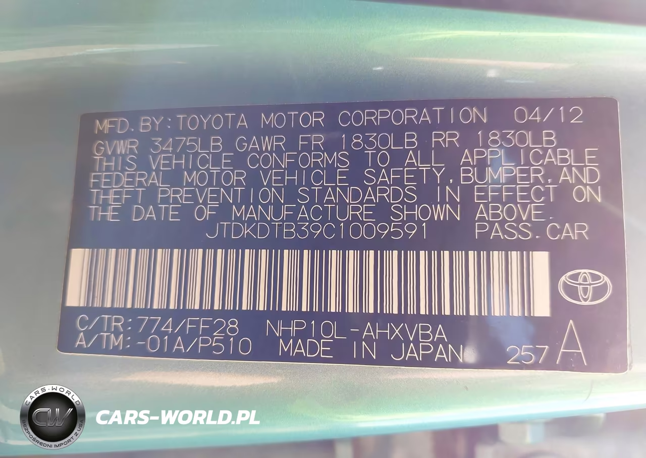 2012 Toyota Prius C Two VIN:JTDKDTB39C1009591 - 9
