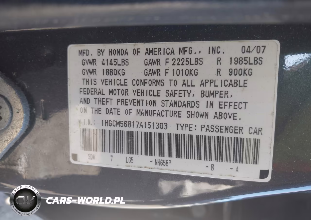2007 Honda Accord 2.4 Ex VIN:1HGCM56817A151303 - 9
