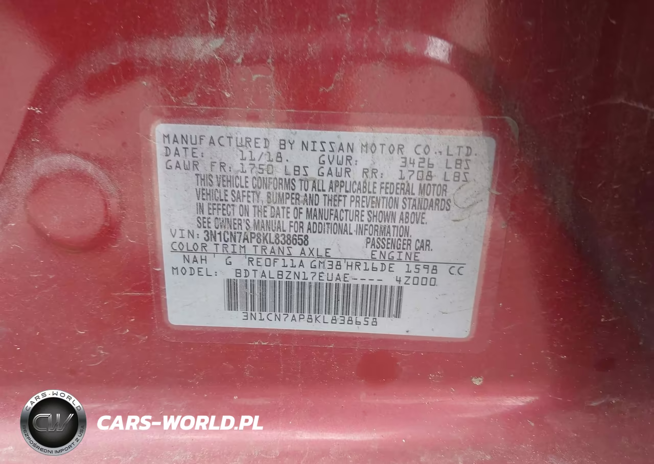 2019 Nissan Versa 1.6 Sv VIN:3N1CN7AP8KL838658 - 9