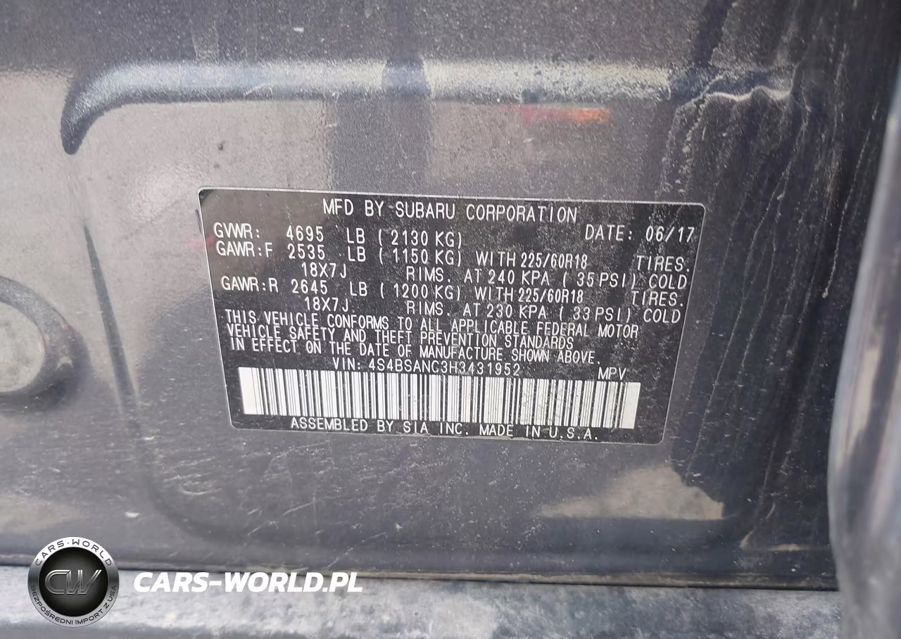 2017 Subaru Outback 2.5I Limited VIN:4S4BSANC3H3431952 - 9