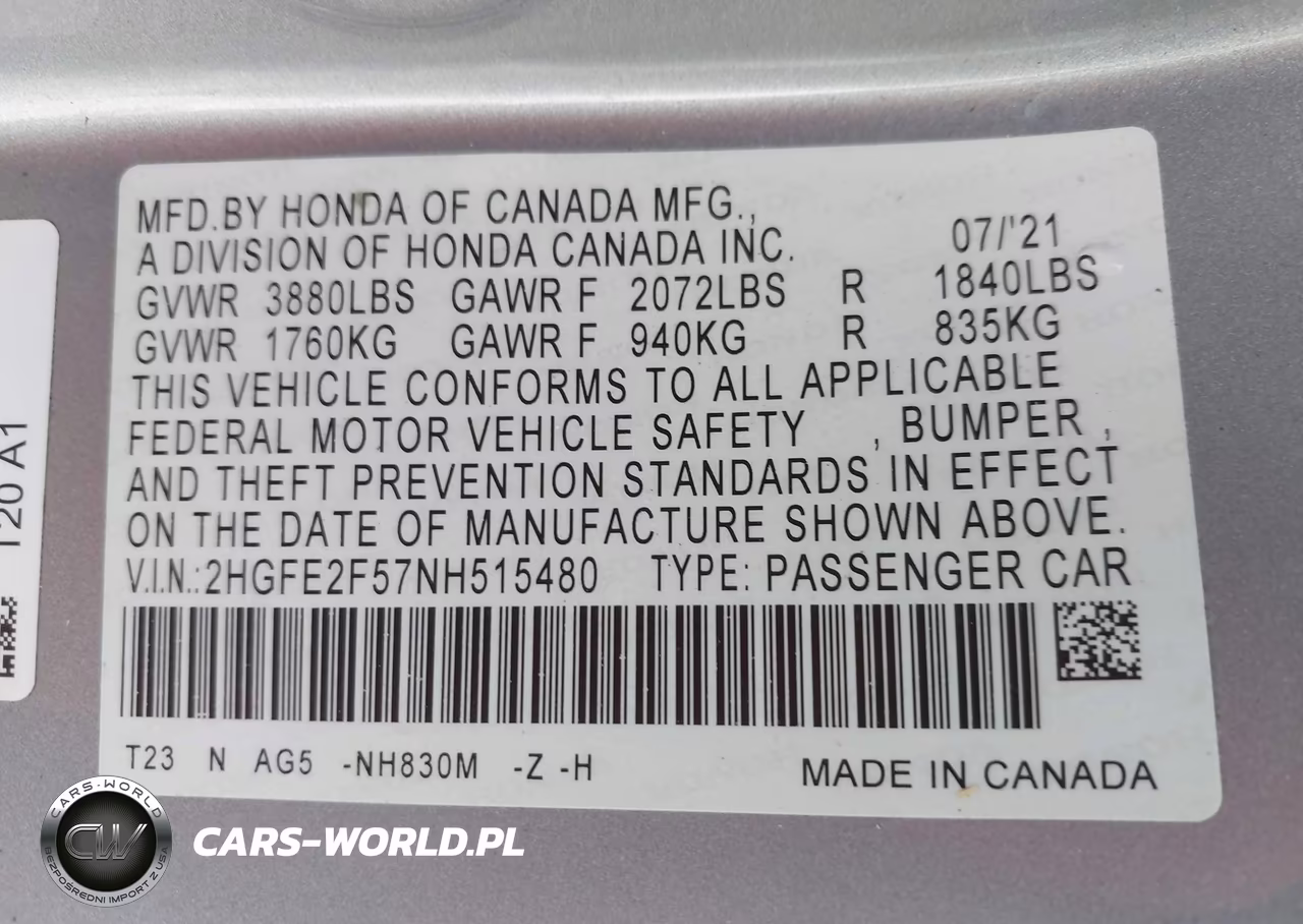 2022 Honda Civic Sport VIN:2HGFE2F57NH515480 - 9