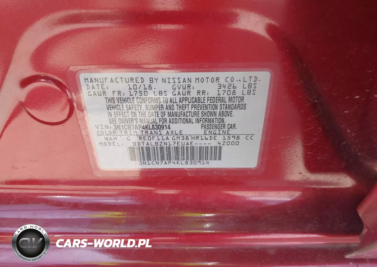 2019 Nissan Versa 1.6 Sv VIN:3N1CN7AP4KL830914 - 9