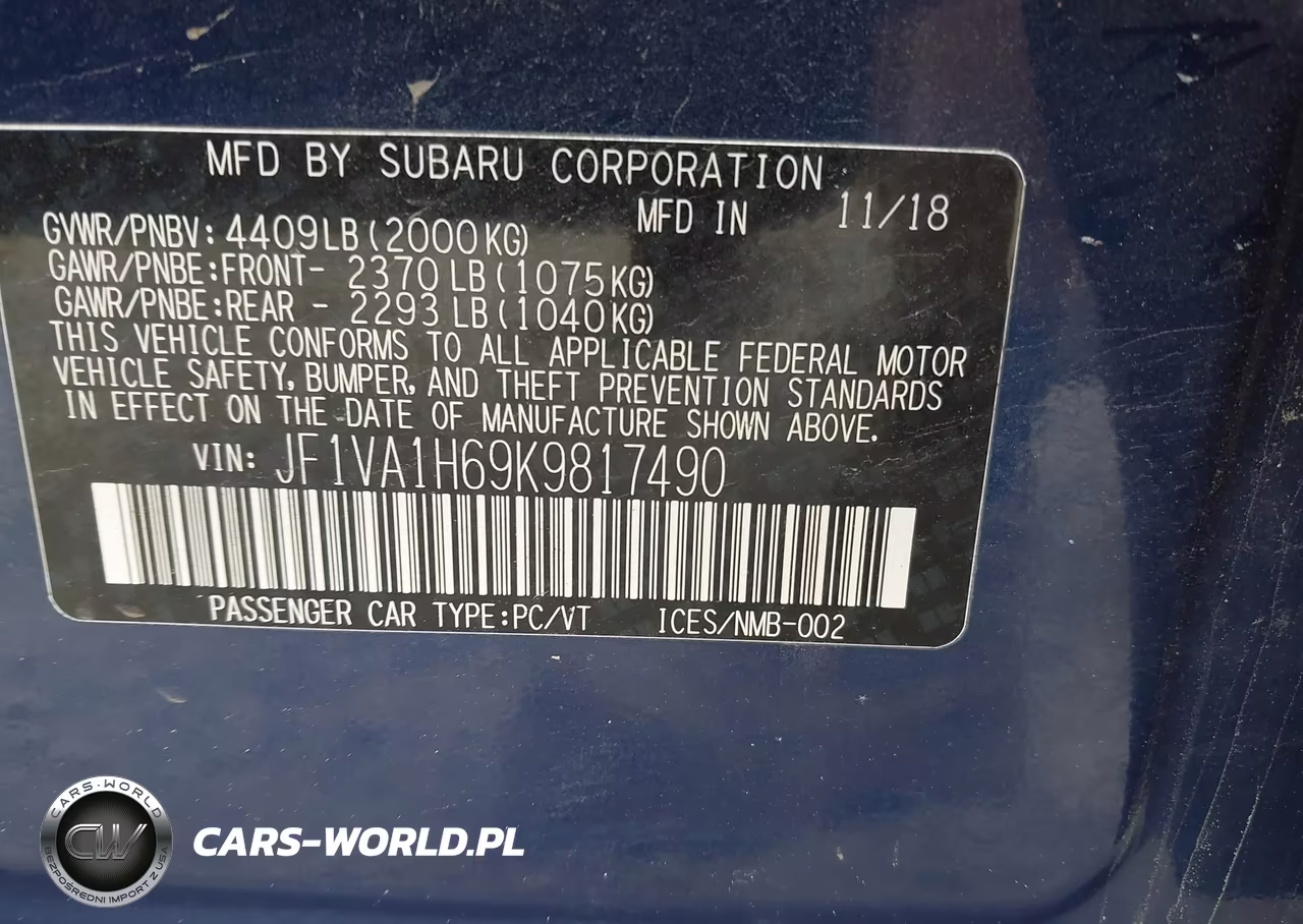 2019 Subaru Wrx Limited VIN:JF1VA1H69K9817490 - 9