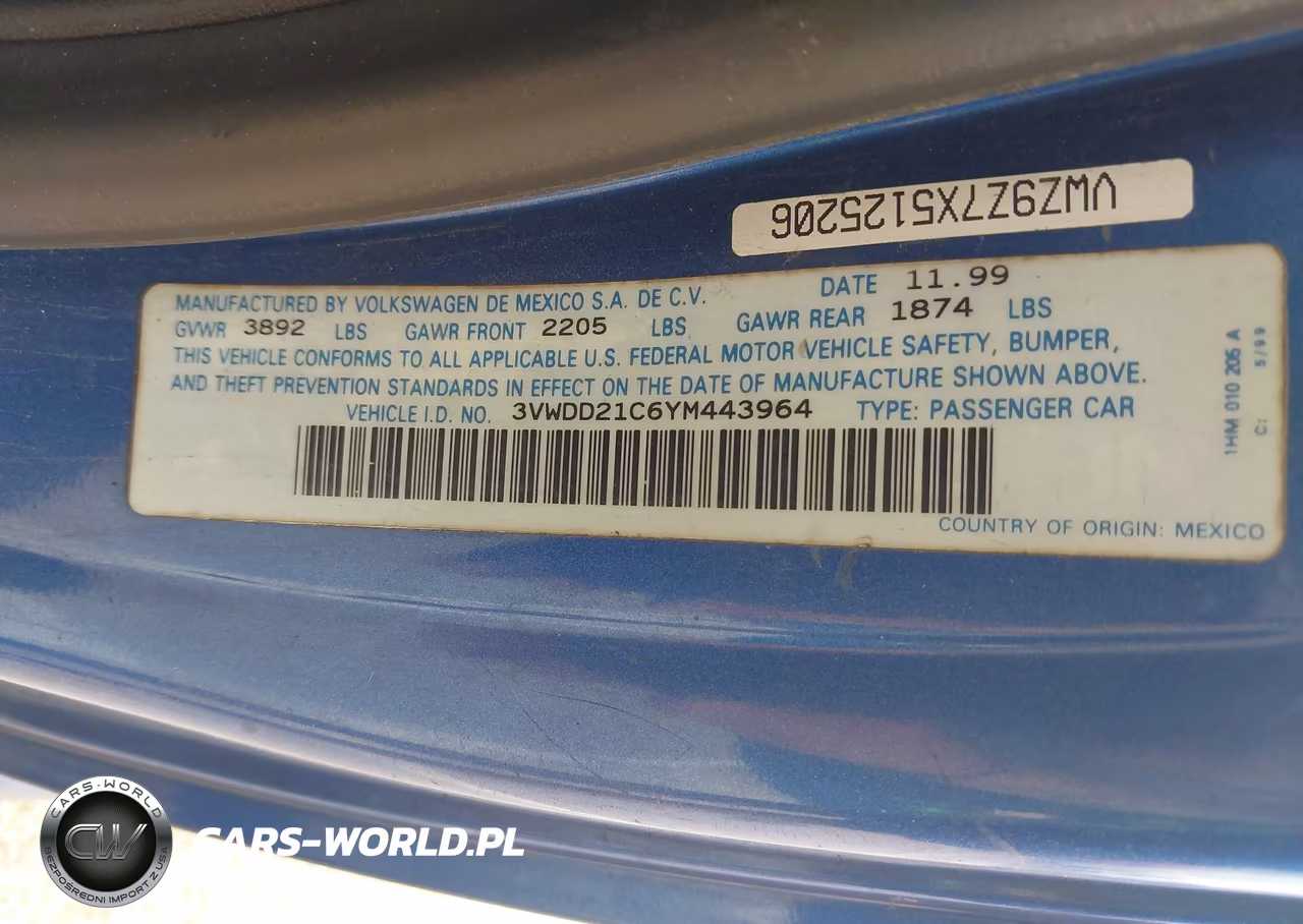 2000 Volkswagen New Beetle Glx VIN:3VWDD21C6YM443964 - 9