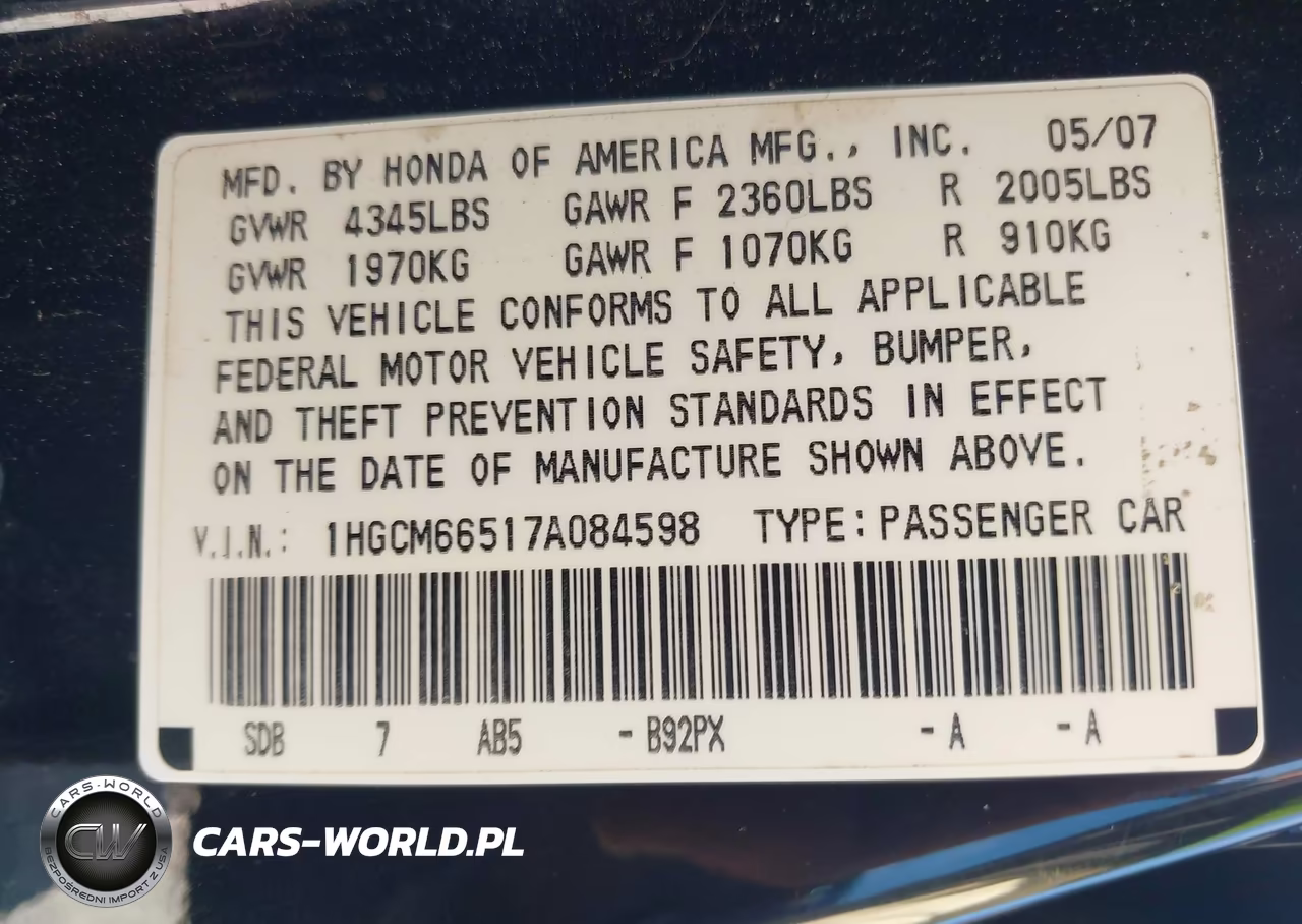 2007 Honda Accord 3.0 Ex VIN:1HGCM66517A084598 - 9