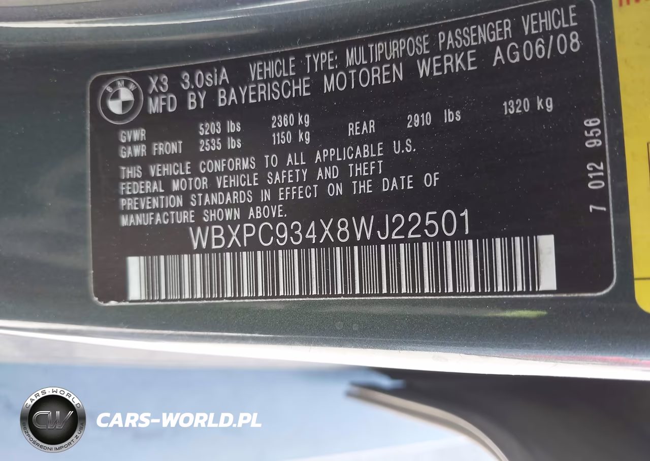 2008 BMW X3 3.0Si VIN:WBXPC934X8WJ22501 - 9