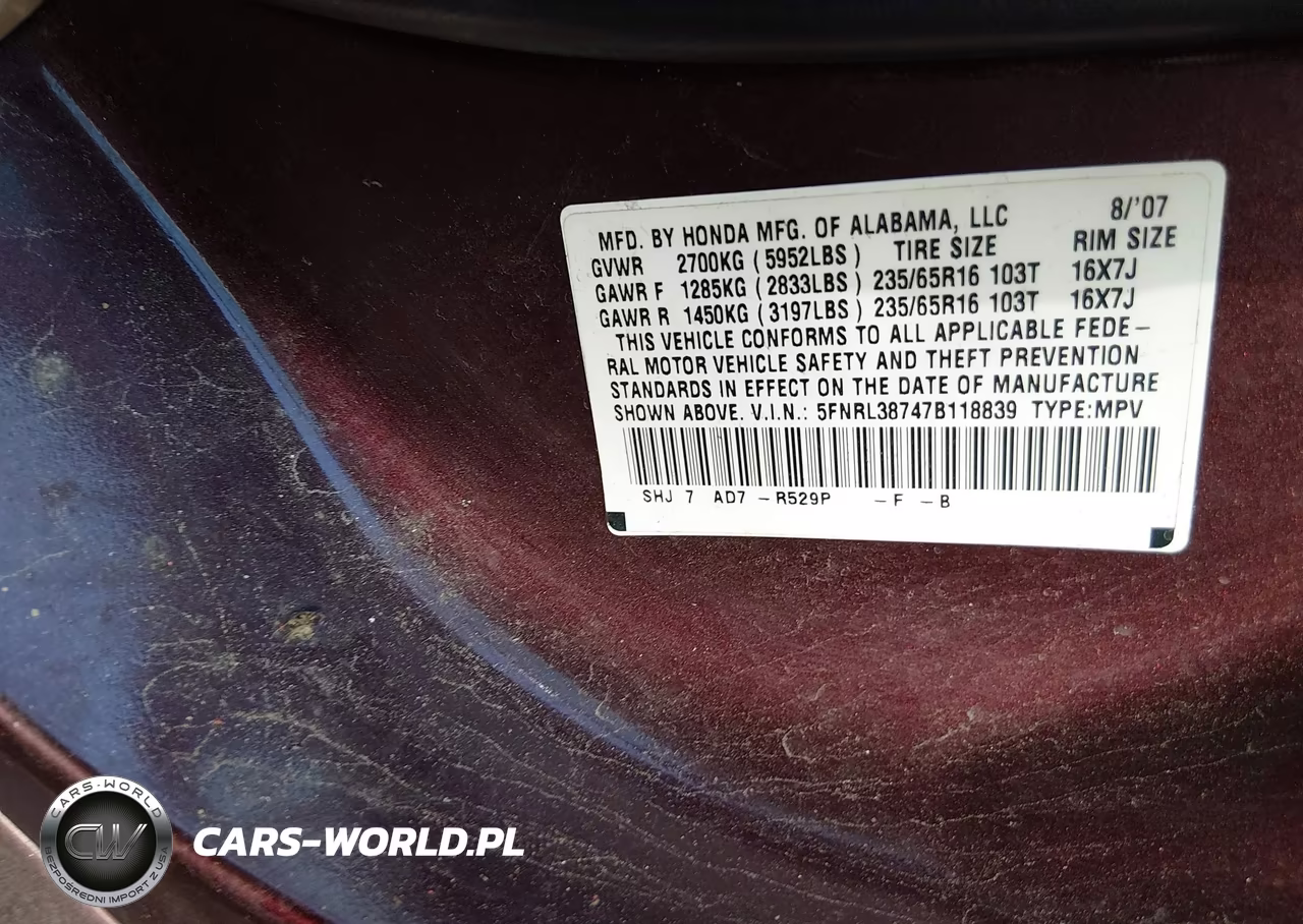 2007 Honda Odyssey Ex-L VIN:5FNRL38747B118839 - 9