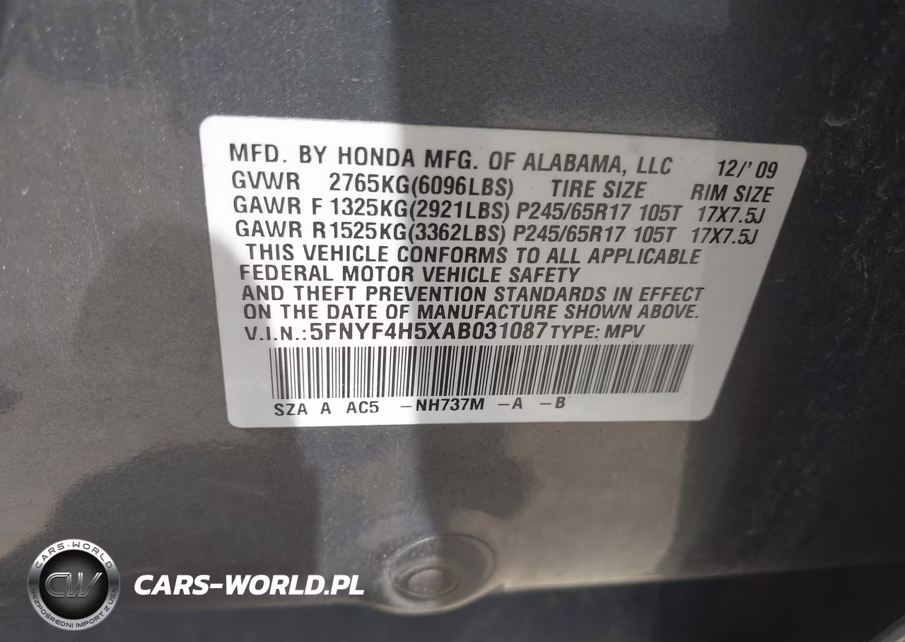2010 Honda Pilot Ex-L VIN:5FNYF4H5XAB031087 - 9