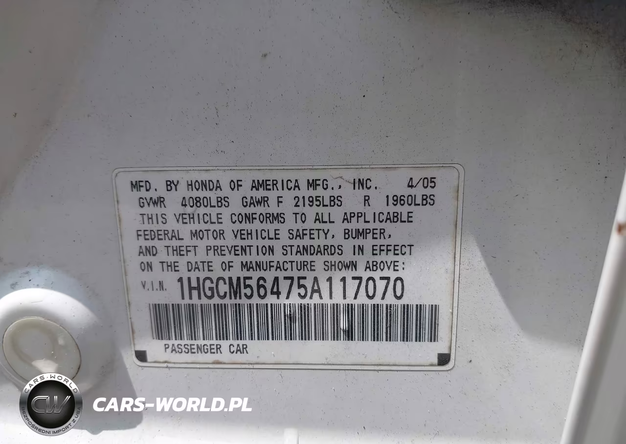 2005 Honda Accord 2.4 Lx VIN:1HGCM56475A117070 - 9