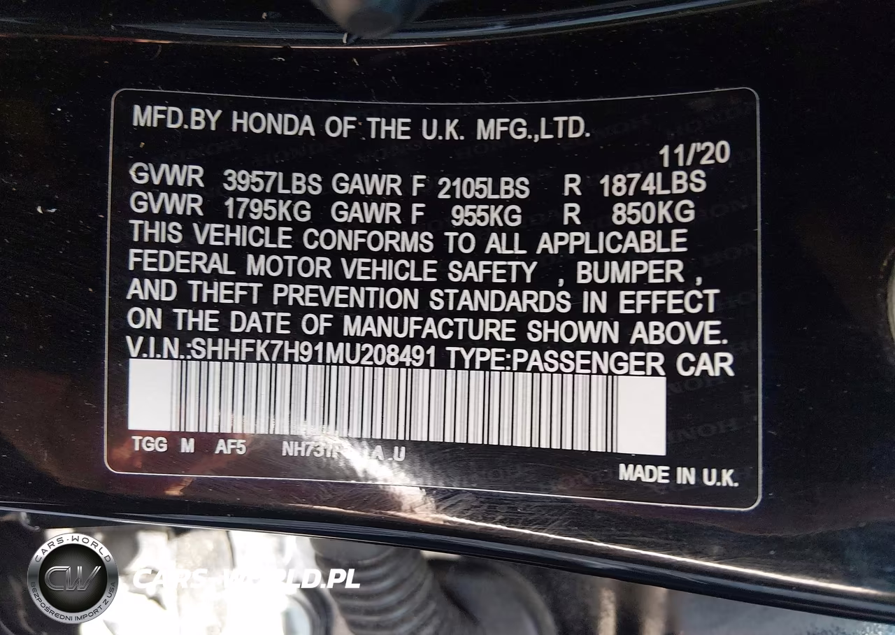2021 Honda Civic Sport Touring VIN:SHHFK7H91MU208491 - 9