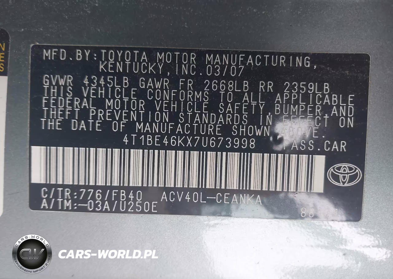 2007 Toyota Camry Le VIN:4T1BE46KX7U673998 - 9