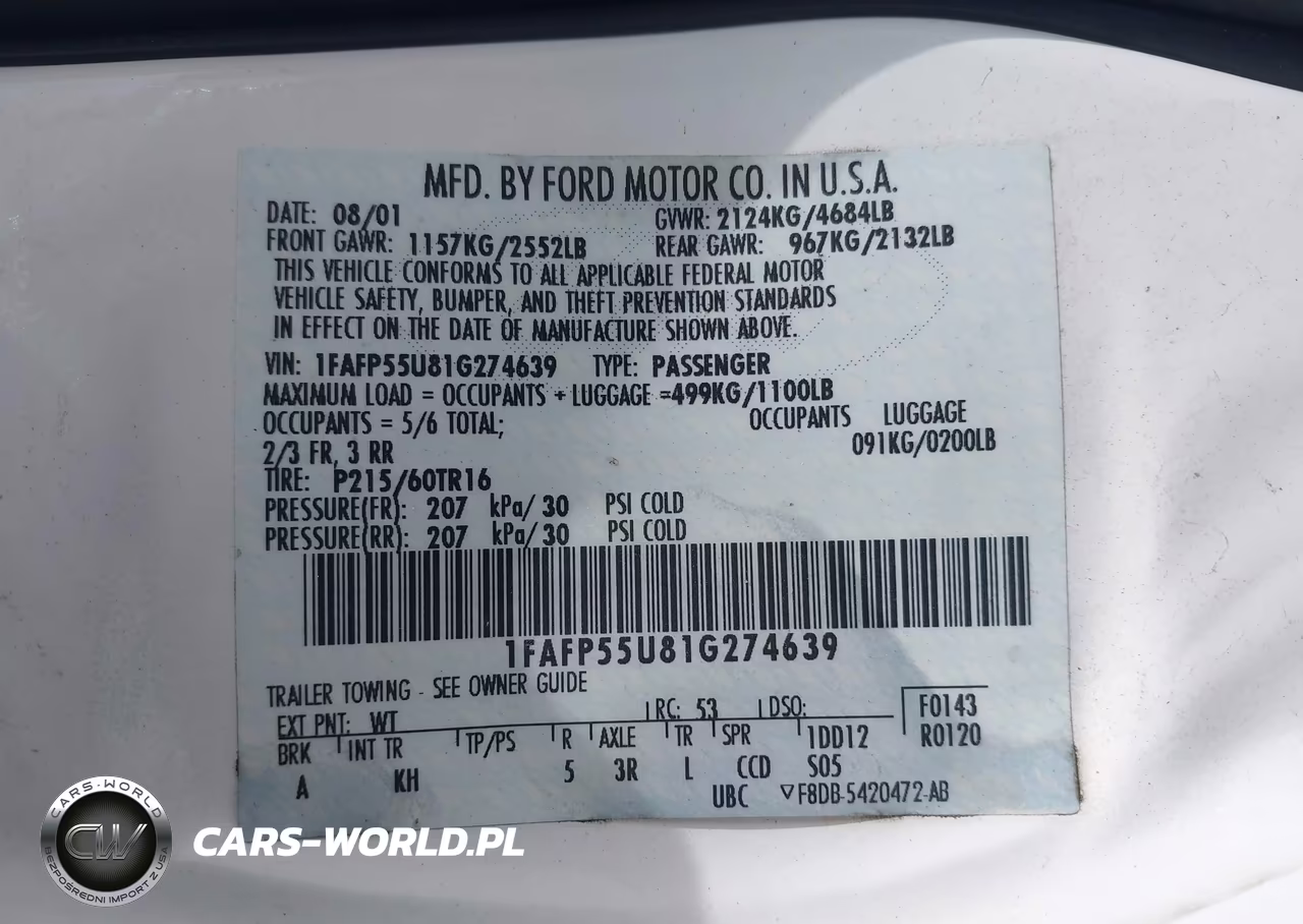 2001 Ford Taurus Ses VIN:1FAFP55U81G274639 - 9