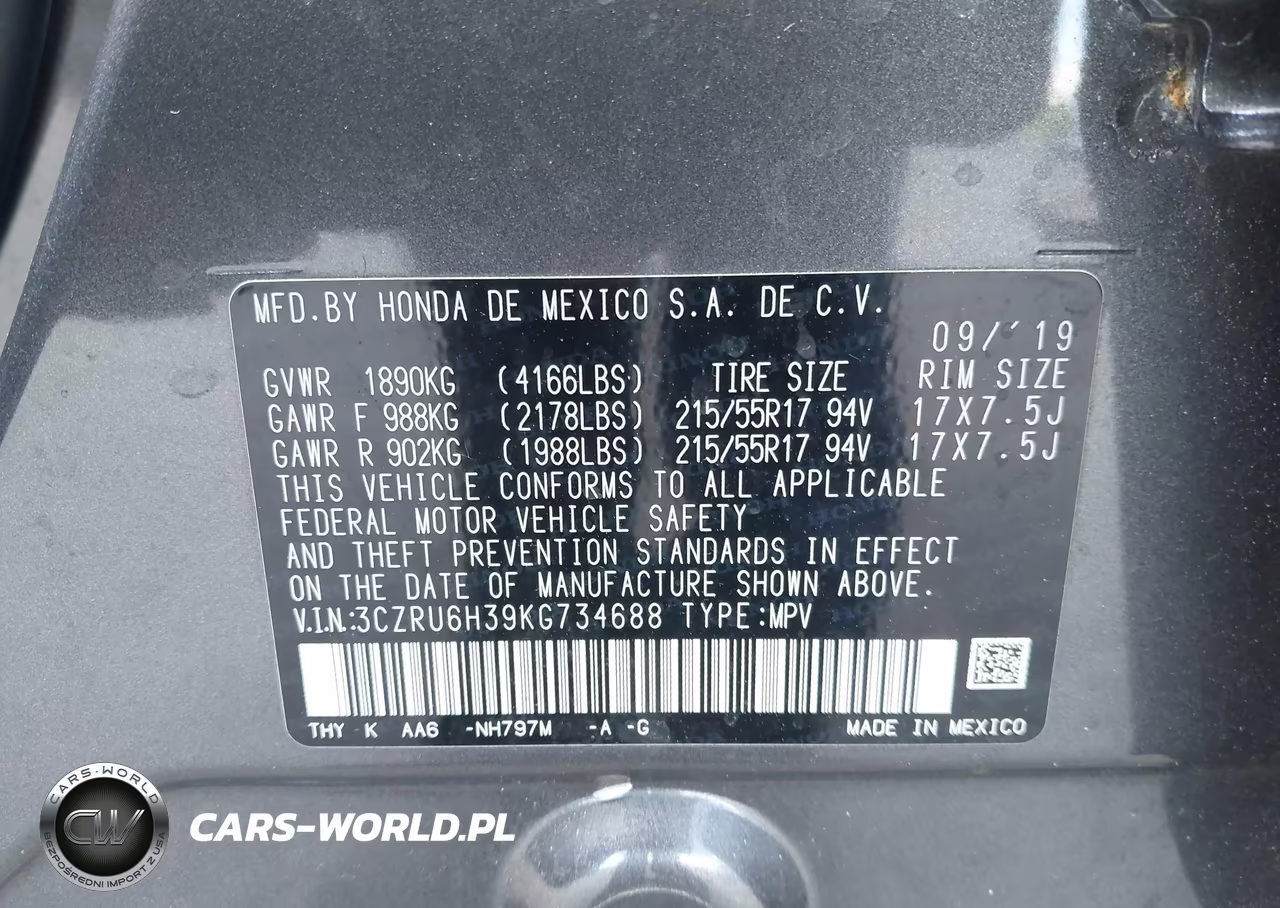 2019 Honda Hr-V Lx VIN:3CZRU6H39KG734688 - 9