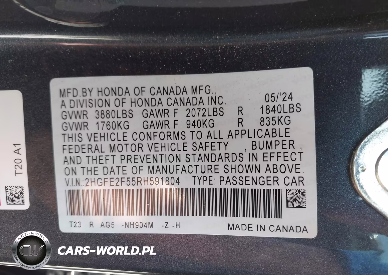 2024 Honda Civic Sport VIN:2HGFE2F55RH591804 - 9