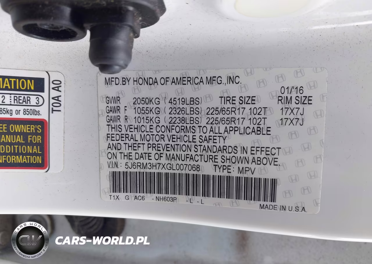 2016 Honda Cr-V Ex-L VIN:5J6RM3H7XGL007068 - 9