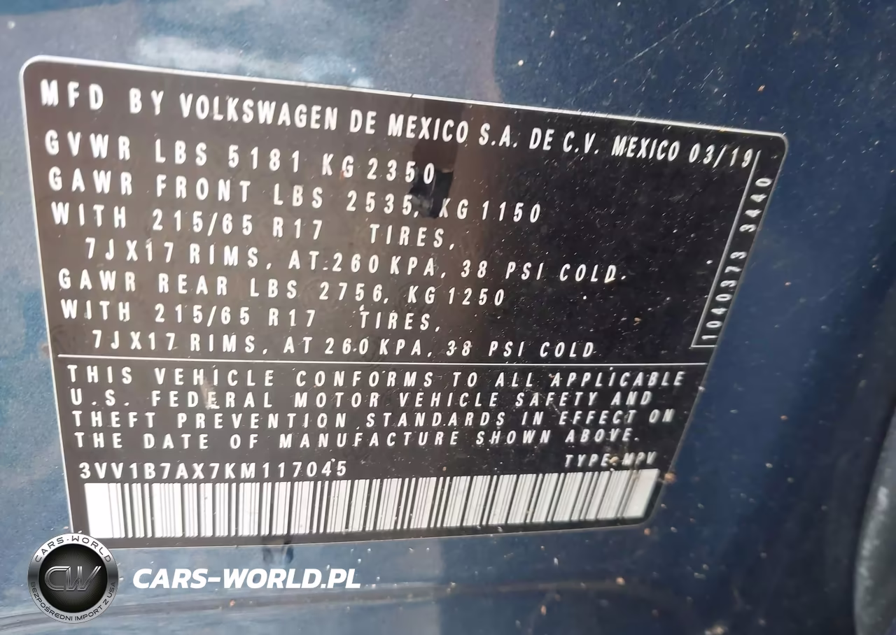 2019 Volkswagen Tiguan 2.0T S VIN:3VV1B7AX7KM117045 - 9
