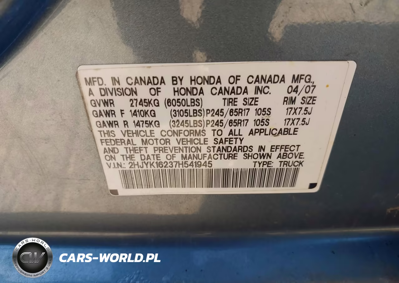 2007 Honda Ridgeline Rt VIN:2HJYK16237H541945 - 9