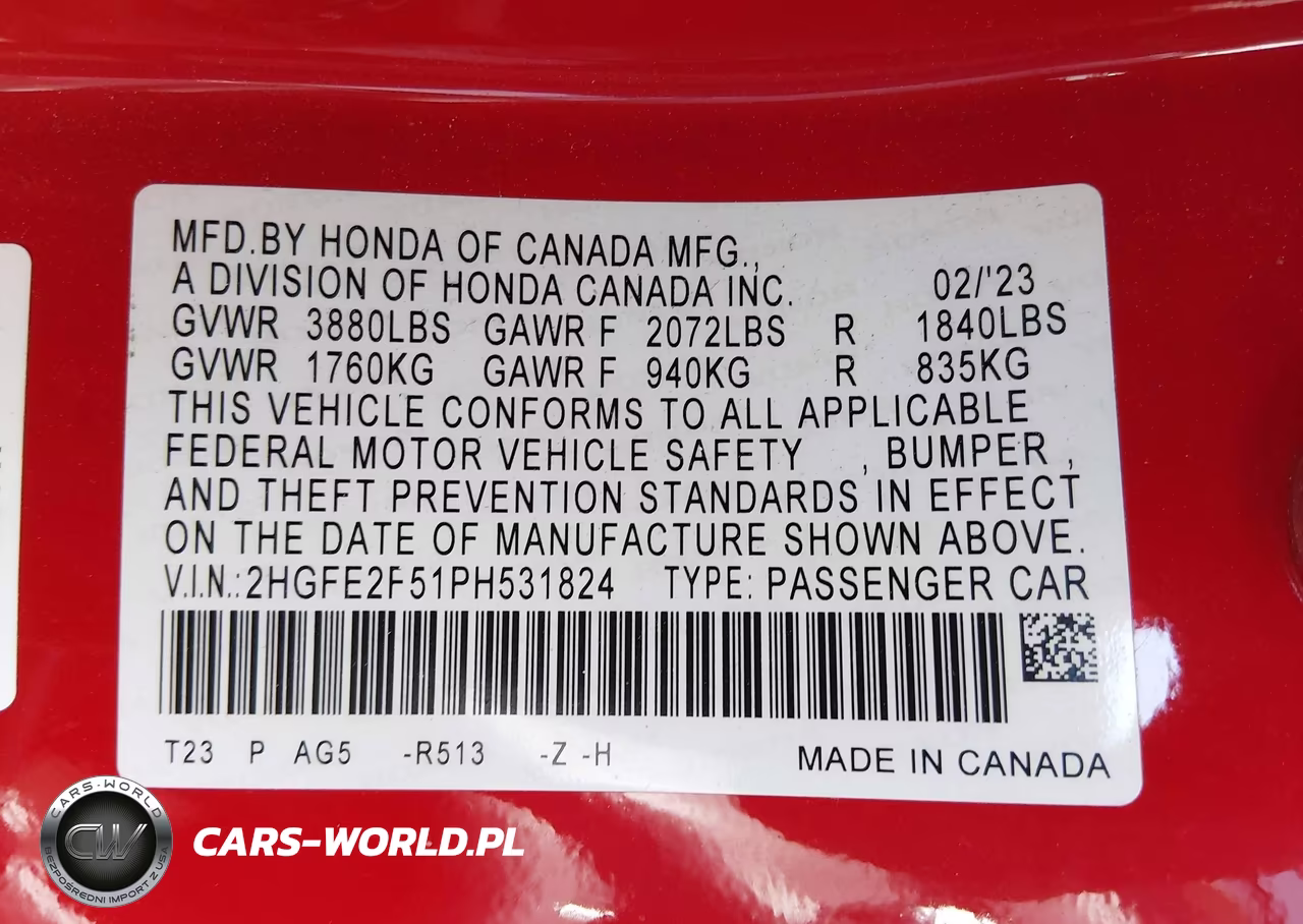 2023 Honda Civic Sport VIN:2HGFE2F51PH531824 - 9