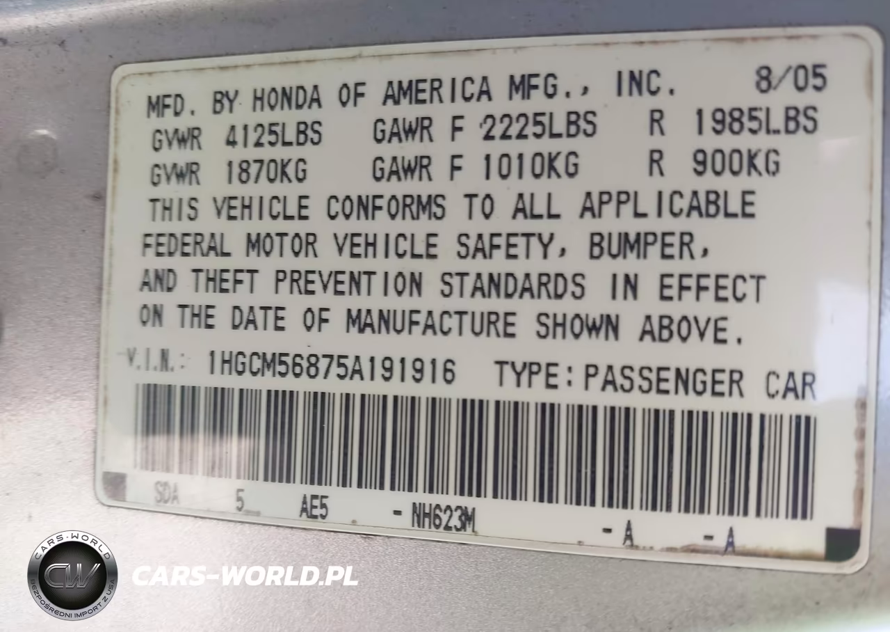 2005 Honda Accord 2.4 Ex VIN:1HGCM56875A191916 - 9