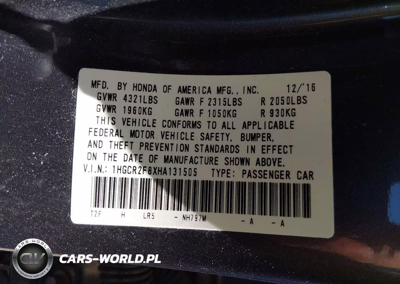 2017 Honda Accord Ex-L VIN:1HGCR2F8XHA131505 - 9