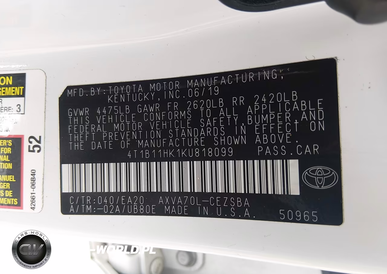 2019 Toyota Camry Se VIN:4T1B11HK1KU818099 - 9