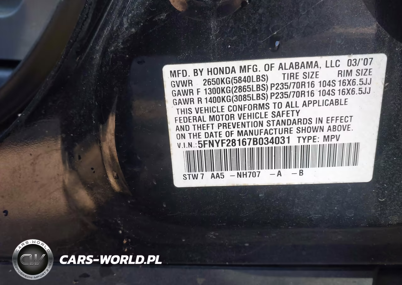 2007 Honda Pilot Lx VIN:5FNYF28167B034031 - 9