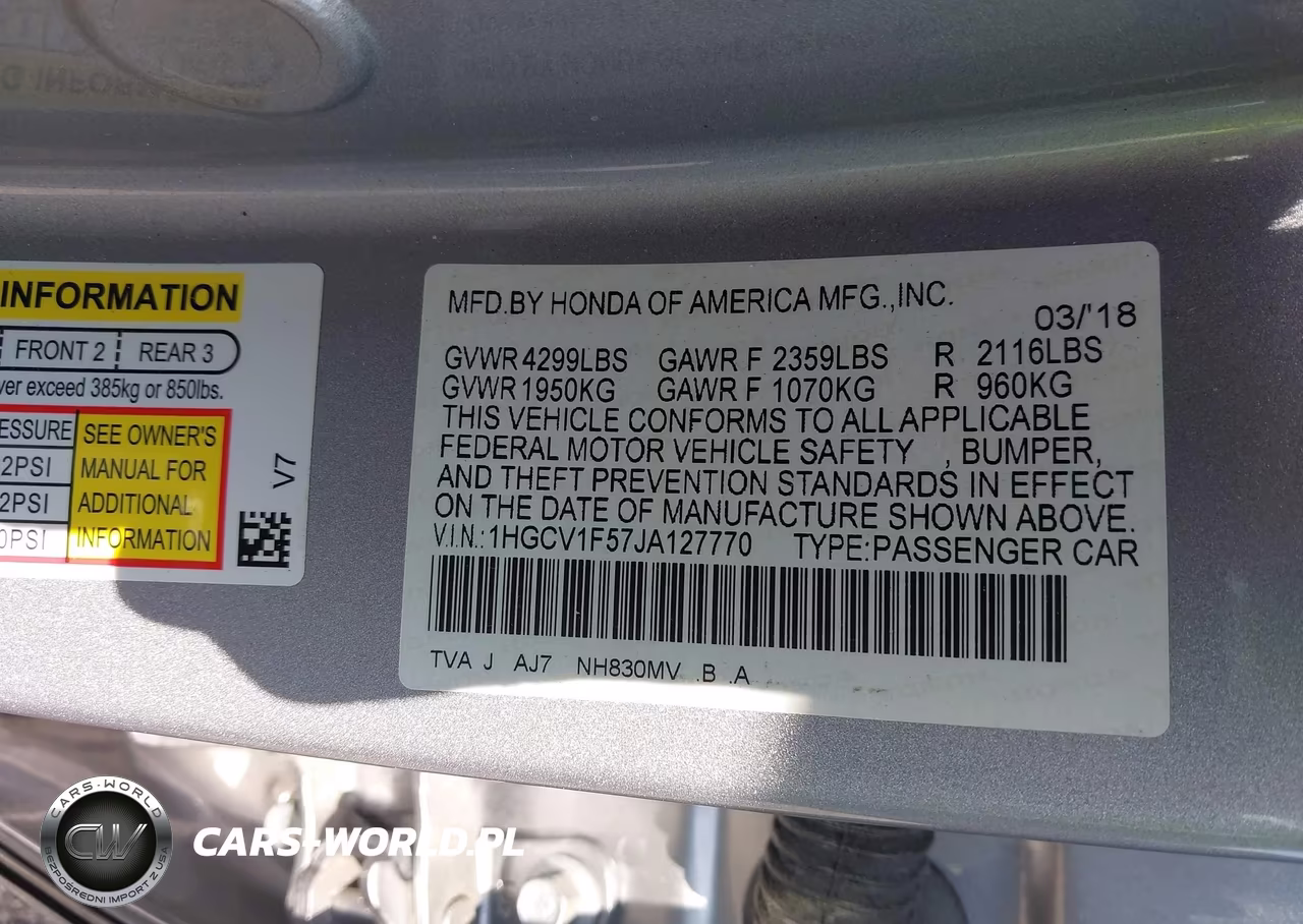 2018 Honda Accord Ex-L VIN:1HGCV1F57JA127770 - 9
