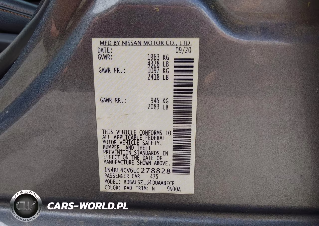 2020 Nissan Altima Sr Fwd VIN:1N4BL4CV6LC278828 - 9