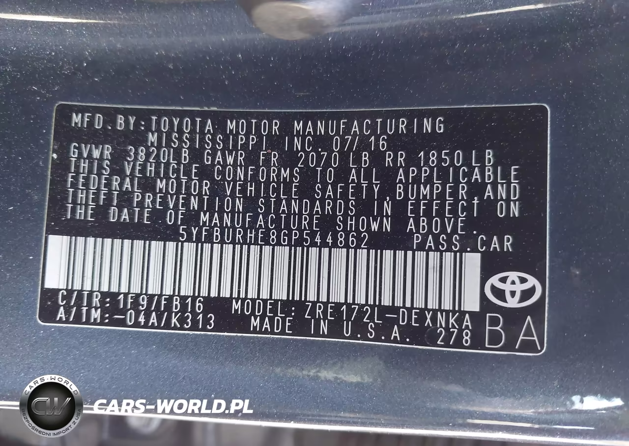 2016 Toyota Corolla Le Plus VIN:5YFBURHE8GP544862 - 9