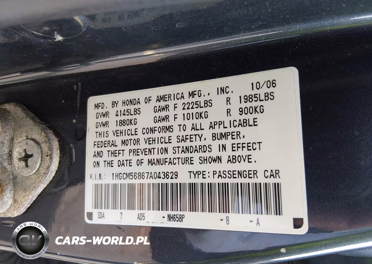 2007 Honda Accord 2.4 Ex VIN:1HGCM56867A043629 - 9