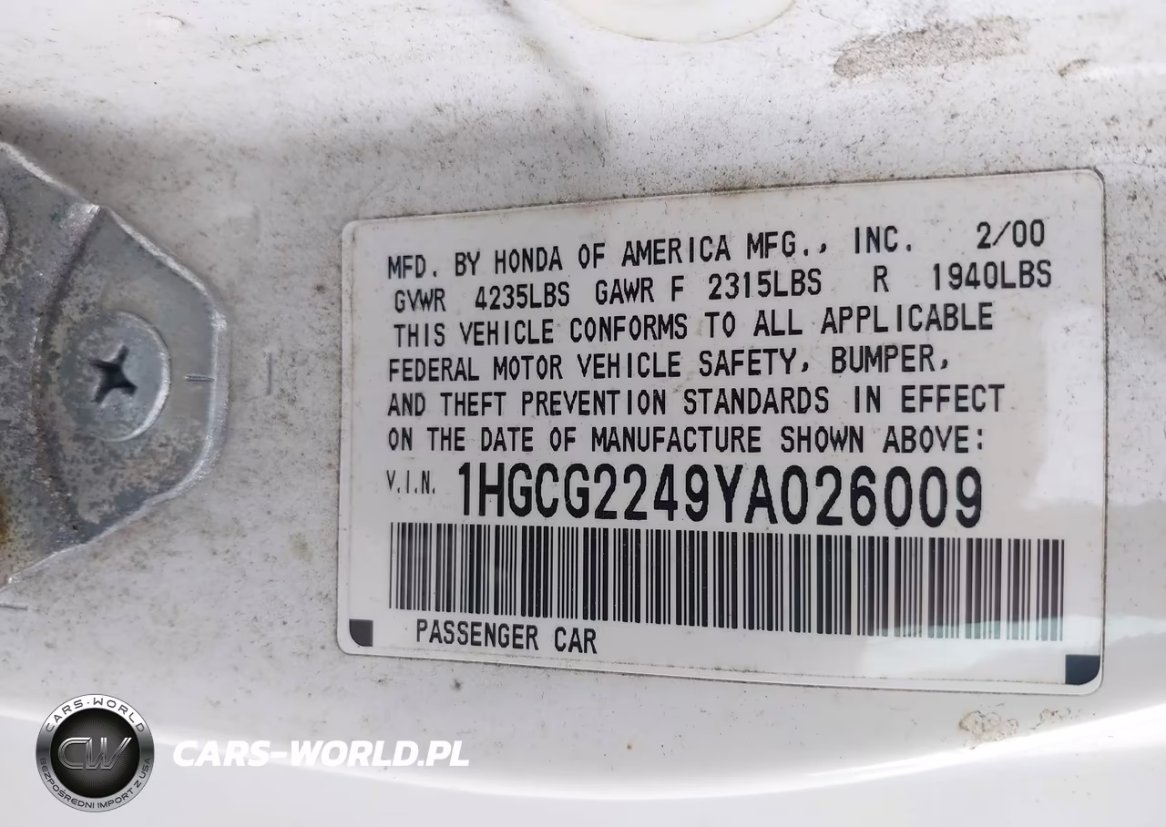 2000 Honda Accord 3.0 Lx VIN:1HGCG2249YA026009 - 9