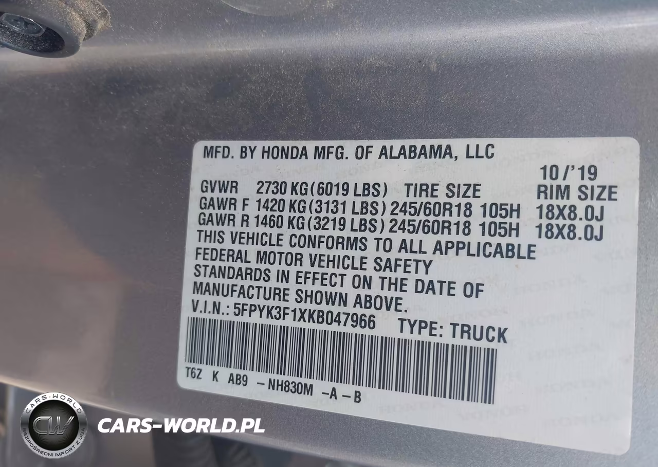 2019 Honda Ridgeline Sport VIN:5FPYK3F1XKB047966 - 8