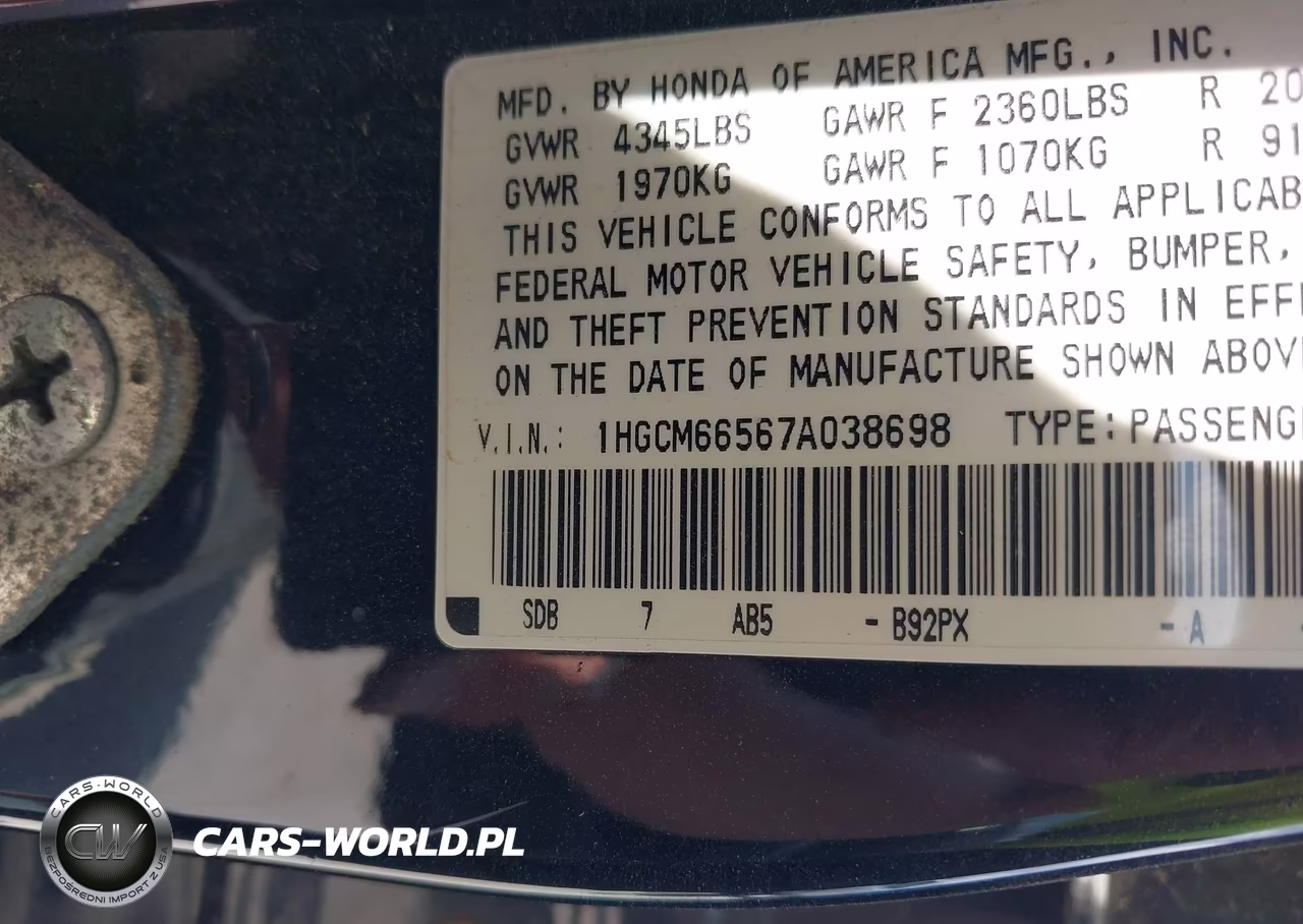 2007 Honda Accord 3.0 Ex VIN:1HGCM66567A038698 - 9