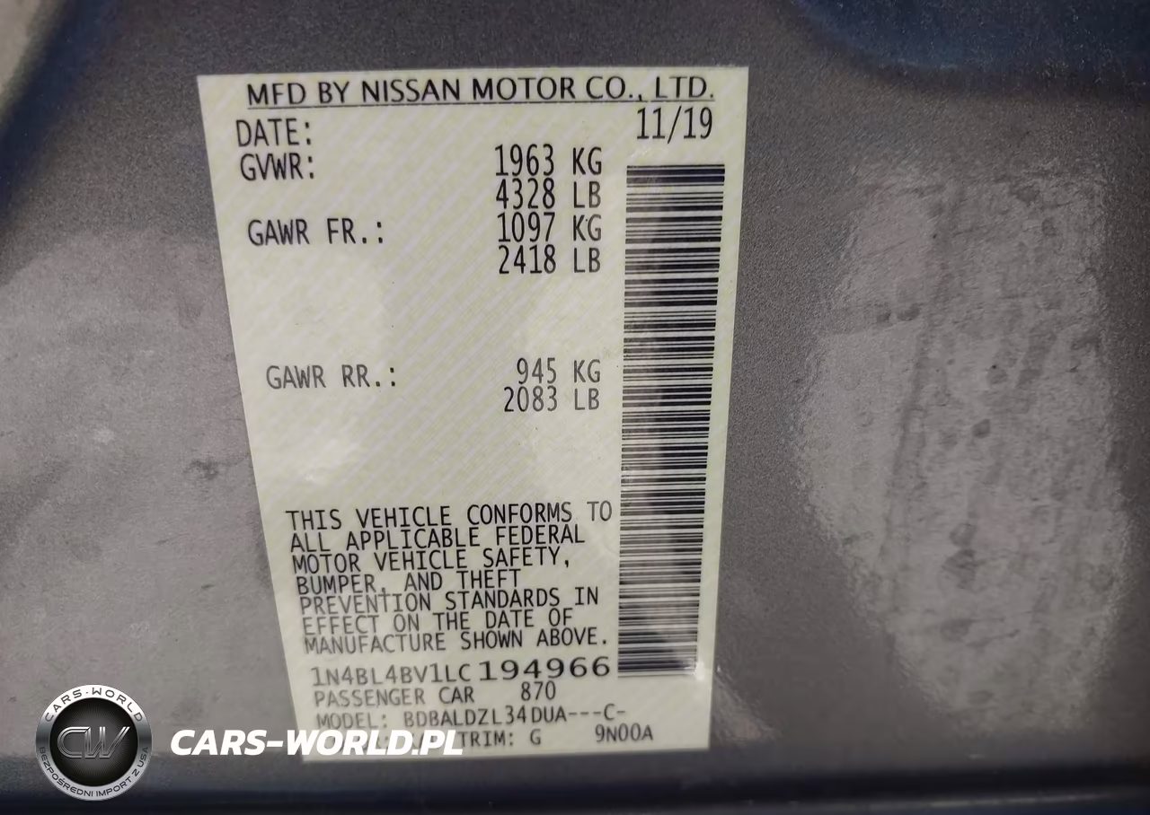 2020 Nissan Altima S Fwd VIN:1N4BL4BV1LC194966 - 9