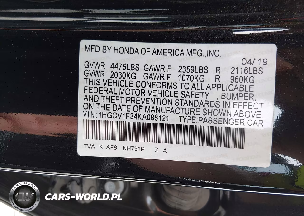 2019 Honda Accord Sport VIN:1HGCV1F34KA088121 - 9