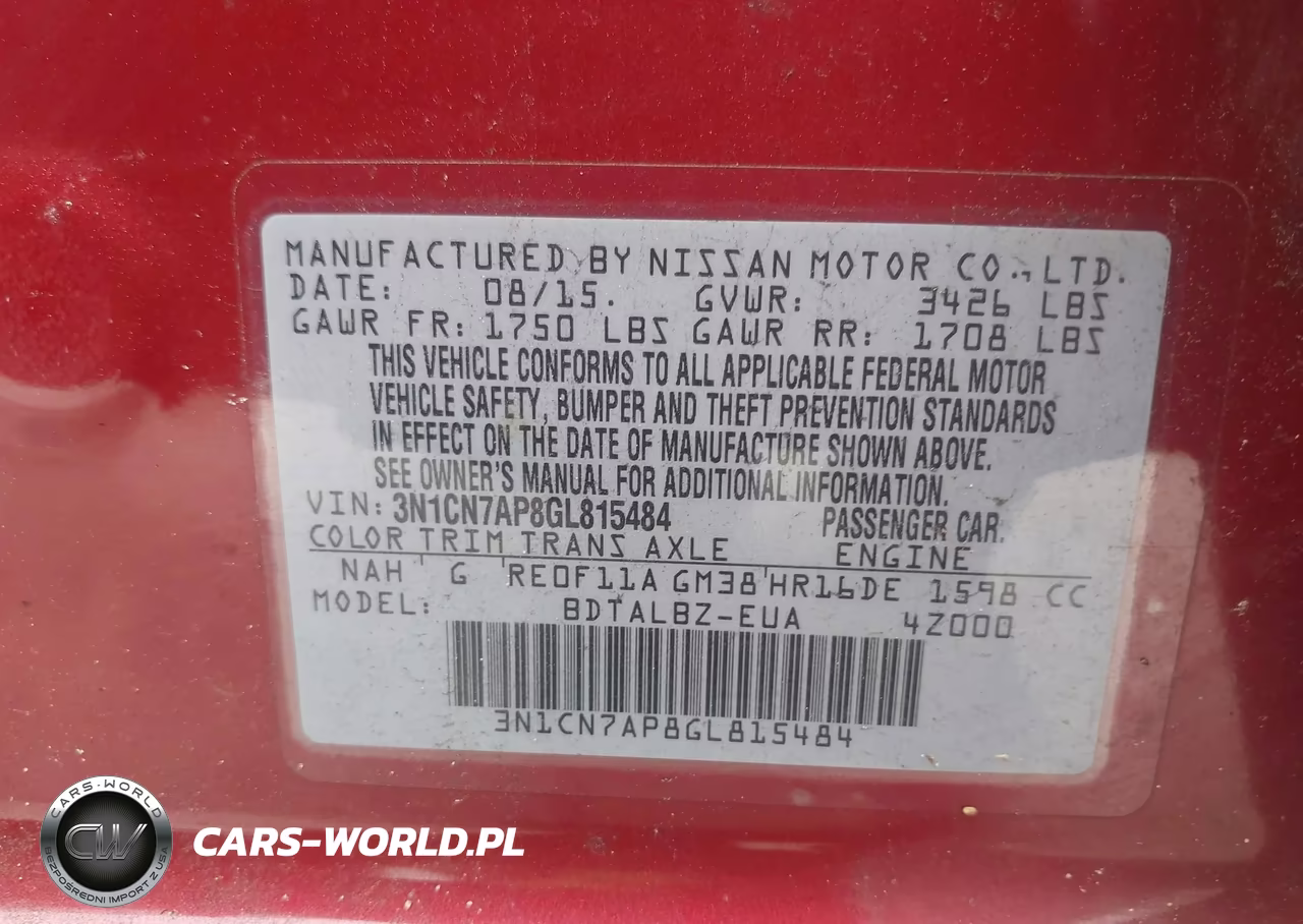 2016 Nissan Versa 1.6 S-1.6 S+-1.6 Sl-1.6 Sv VIN:3N1CN7AP8GL815484 - 9