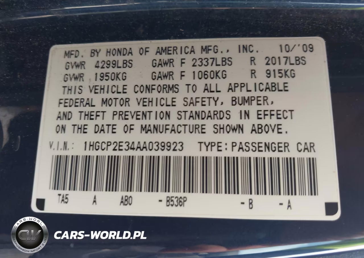 2010 Honda Accord 2.4 Lx VIN:1HGCP2E34AA039923 - 9