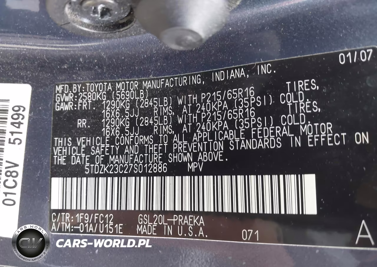 2007 Toyota Sienna Le VIN:5TDZK23C27S012886 - 9