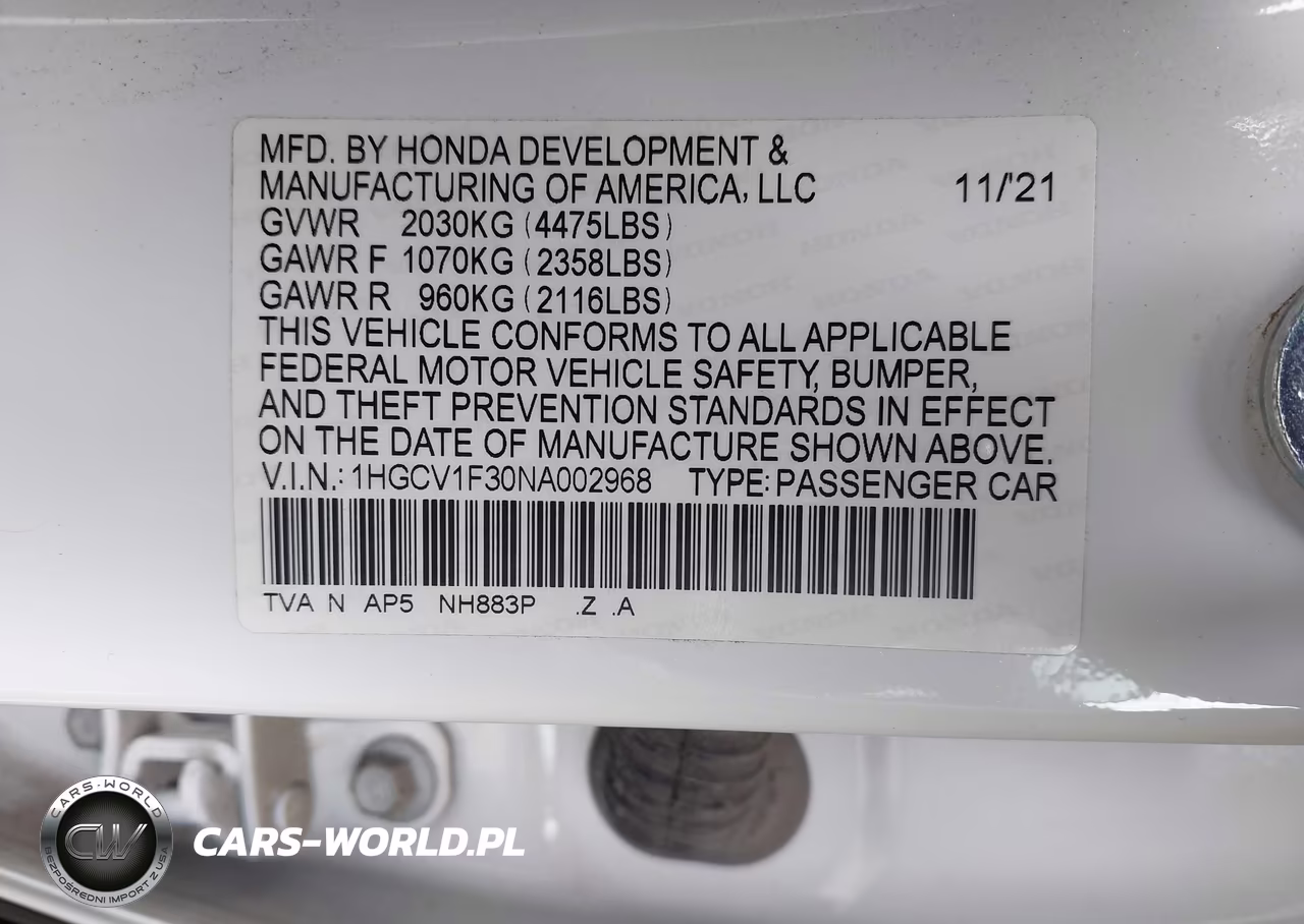 2022 Honda Accord Sport VIN:1HGCV1F30NA002968 - 9