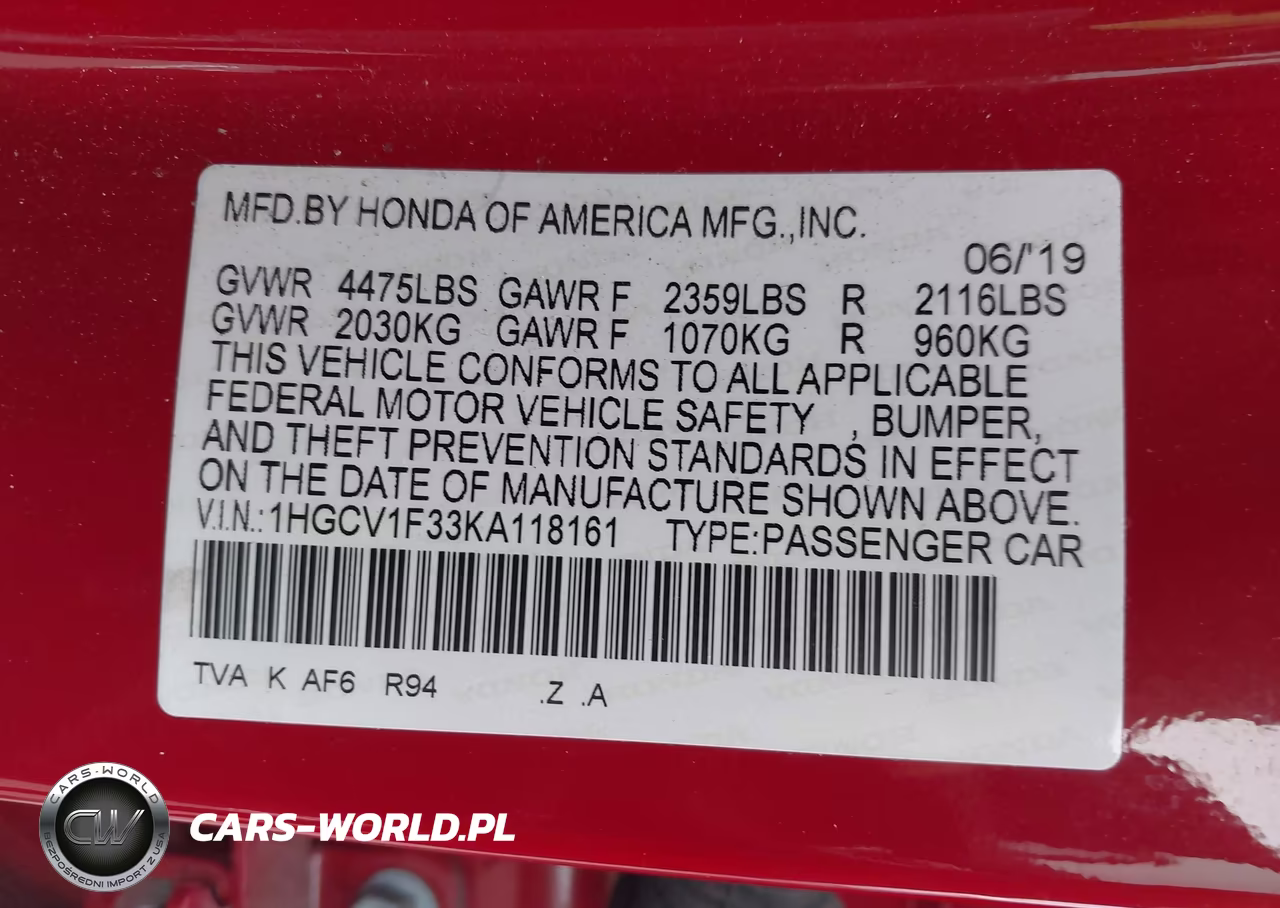 2019 Honda Accord Sport VIN:1HGCV1F33KA118161 - 9